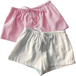image:imageRoseSeek Womens 2 Packs Striped Linen Mini Shorts Drawstring Waist Button Front Lounge ShortsPink and Whte