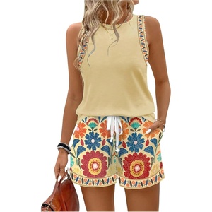 image:imageRoseSeek Womens 2 Piece Beach Vacation Clothes Floral Tank Top and Shorts Set Tropical Summer OutfitsBeige