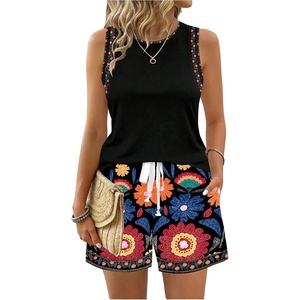 image:imageRoseSeek Womens 2 Piece Beach Vacation Clothes Floral Tank Top and Shorts Set Tropical Summer OutfitsBlack Pattern