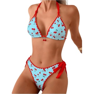 image:imageRoseSeek Womens 2 Piece Bikini Sets Cherry Print Spaghetti Strap Halter Bras and String Thongs Swimsuit SetsBlue
