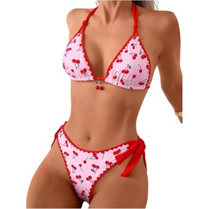 image:imageRoseSeek Womens 2 Piece Bikini Sets Cherry Print Spaghetti Strap Halter Bras and String Thongs Swimsuit SetsPink and Red