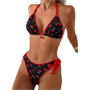 image:imageRoseSeek Womens 2 Piece Bikini Sets Cherry Print Spaghetti Strap Halter Bras and String Thongs Swimsuit SetsRed