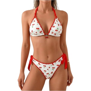 image:imageRoseSeek Womens 2 Piece Bikini Sets Cherry Print Spaghetti Strap Halter Bras and String Thongs Swimsuit SetsWhite and Red