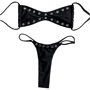 image:imageRoseSeek Womens 2 Piece Bikini Sets Grommet Eyelet Bra Thong Bathing Suit Summer Swimsuit SetBlack