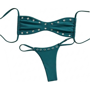 image:imageRoseSeek Womens 2 Piece Bikini Sets Grommet Eyelet Bra Thong Bathing Suit Summer Swimsuit SetTeal Blue