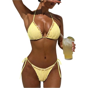 image:imageRoseSeek Womens 2 Piece Bikini Sets Textured Beaded Halter Bras and Tie Side Thongs Summer Beachwear SwimwearYellow