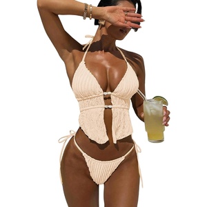 image:imageRoseSeek Womens 2 Piece Boho Polka Dots Beaded Bikini Sets Halter Swimsuits Textured Tie Side Bathing SuitApricot