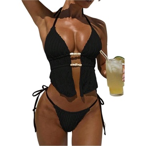 image:imageRoseSeek Womens 2 Piece Boho Polka Dots Beaded Bikini Sets Halter Swimsuits Textured Tie Side Bathing SuitBlack