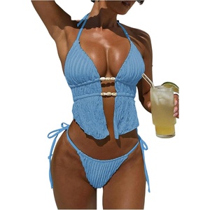 image:imageRoseSeek Womens 2 Piece Boho Polka Dots Beaded Bikini Sets Halter Swimsuits Textured Tie Side Bathing SuitBlue
