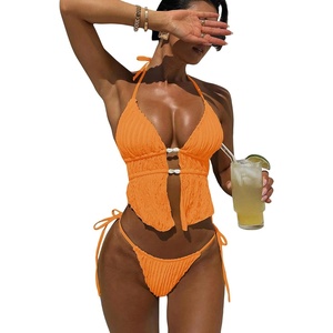 image:imageRoseSeek Womens 2 Piece Boho Polka Dots Beaded Bikini Sets Halter Swimsuits Textured Tie Side Bathing SuitBurnt Orange