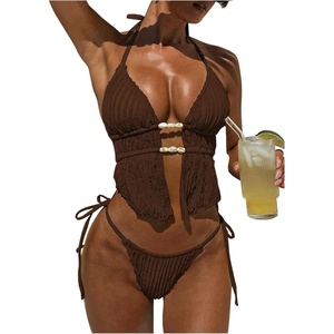 image:imageRoseSeek Womens 2 Piece Boho Polka Dots Beaded Bikini Sets Halter Swimsuits Textured Tie Side Bathing SuitCoffee Brown
