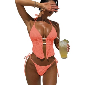 image:imageRoseSeek Womens 2 Piece Boho Polka Dots Beaded Bikini Sets Halter Swimsuits Textured Tie Side Bathing SuitCoral Orange