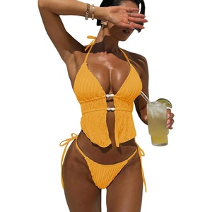 image:imageRoseSeek Womens 2 Piece Boho Polka Dots Beaded Bikini Sets Halter Swimsuits Textured Tie Side Bathing SuitDark Yellow