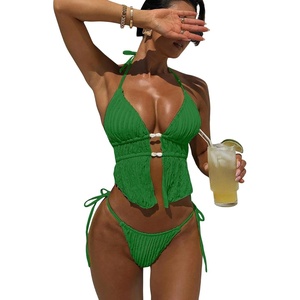 image:imageRoseSeek Womens 2 Piece Boho Polka Dots Beaded Bikini Sets Halter Swimsuits Textured Tie Side Bathing SuitDeep Green