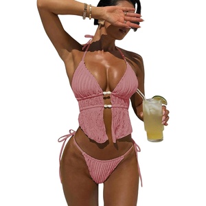 image:imageRoseSeek Womens 2 Piece Boho Polka Dots Beaded Bikini Sets Halter Swimsuits Textured Tie Side Bathing SuitDusty Pink