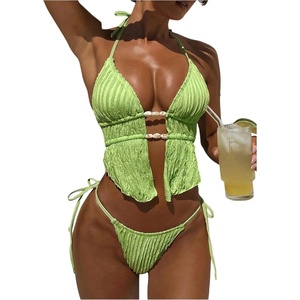 image:imageRoseSeek Womens 2 Piece Boho Polka Dots Beaded Bikini Sets Halter Swimsuits Textured Tie Side Bathing SuitGreen