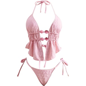image:imageRoseSeek Womens 2 Piece Boho Polka Dots Beaded Bikini Sets Halter Swimsuits Textured Tie Side Bathing SuitLight Pink