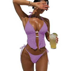 image:imageRoseSeek Womens 2 Piece Boho Polka Dots Beaded Bikini Sets Halter Swimsuits Textured Tie Side Bathing SuitMauve Purple