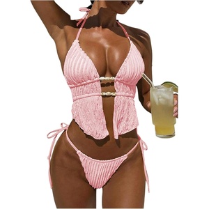 image:imageRoseSeek Womens 2 Piece Boho Polka Dots Beaded Bikini Sets Halter Swimsuits Textured Tie Side Bathing SuitPink