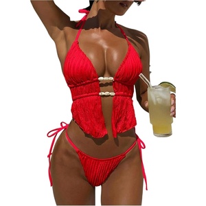image:imageRoseSeek Womens 2 Piece Boho Polka Dots Beaded Bikini Sets Halter Swimsuits Textured Tie Side Bathing SuitRed