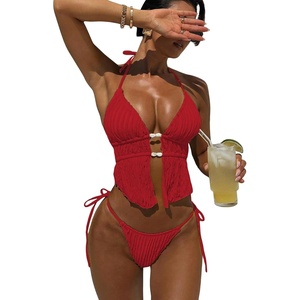 image:imageRoseSeek Womens 2 Piece Boho Polka Dots Beaded Bikini Sets Halter Swimsuits Textured Tie Side Bathing SuitRose Red