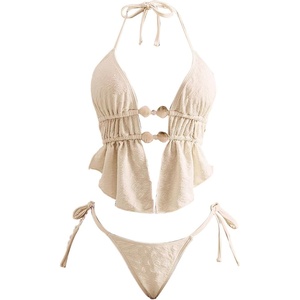 image:imageRoseSeek Womens 2 Piece Boho Polka Dots Beaded Bikini Sets Halter Swimsuits Textured Tie Side Bathing SuitSolid Beige