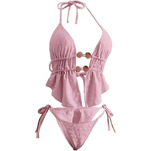 image:imageRoseSeek Womens 2 Piece Boho Polka Dots Beaded Bikini Sets Halter Swimsuits Textured Tie Side Bathing SuitSolid Purple