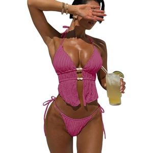 image:imageRoseSeek Womens 2 Piece Boho Polka Dots Beaded Bikini Sets Halter Swimsuits Textured Tie Side Bathing SuitWatermelon Pink