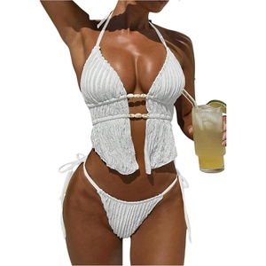 image:imageRoseSeek Womens 2 Piece Boho Polka Dots Beaded Bikini Sets Halter Swimsuits Textured Tie Side Bathing SuitWhite