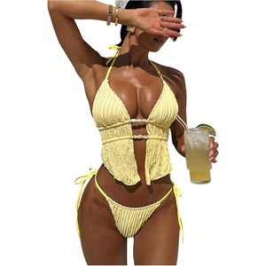 image:imageRoseSeek Womens 2 Piece Boho Polka Dots Beaded Bikini Sets Halter Swimsuits Textured Tie Side Bathing SuitYellow