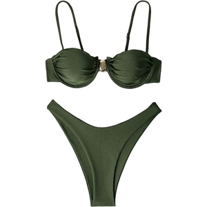 image:imageRoseSeek Womens 2 Piece Cheeky Bikini Sets Metal Decor Underwire Bra High Cut Thong Swimsuit SwimwearDark Green