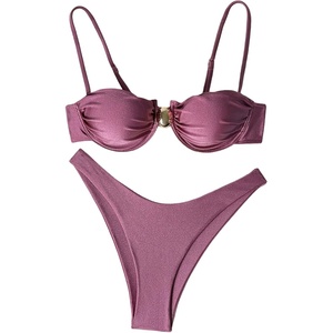 image:imageRoseSeek Womens 2 Piece Cheeky Bikini Sets Metal Decor Underwire Bra High Cut Thong Swimsuit SwimwearDusty Pink