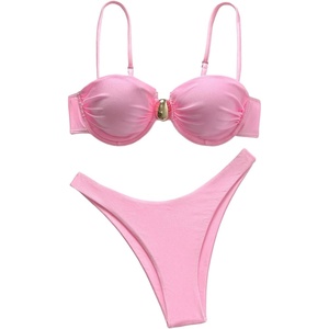 image:imageRoseSeek Womens 2 Piece Cheeky Bikini Sets Metal Decor Underwire Bra High Cut Thong Swimsuit SwimwearPink