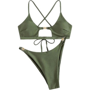 image:imageRoseSeek Womens 2 Piece Elegant Bikini Sets Lace Up Cut Out Bras and Thongs Beachwear SetArmy Green