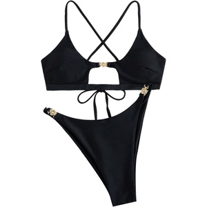 image:imageRoseSeek Womens 2 Piece Elegant Bikini Sets Lace Up Cut Out Bras and Thongs Beachwear SetBlack