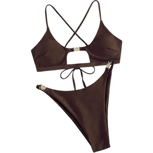 image:imageRoseSeek Womens 2 Piece Elegant Bikini Sets Lace Up Cut Out Bras and Thongs Beachwear SetCoffee Brown