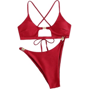 image:imageRoseSeek Womens 2 Piece Elegant Bikini Sets Lace Up Cut Out Bras and Thongs Beachwear SetDark Red