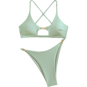 image:imageRoseSeek Womens 2 Piece Elegant Bikini Sets Lace Up Cut Out Bras and Thongs Beachwear SetMint Green