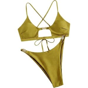 image:imageRoseSeek Womens 2 Piece Elegant Bikini Sets Lace Up Cut Out Bras and Thongs Beachwear SetMustard Yellow