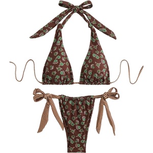 image:imageRoseSeek Womens 2 Piece Floral Plaid Swimsuit Halter Triangle Bathing Suit Bowknot Tie Side Bikini SetsBrown
