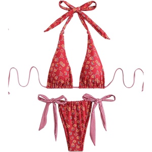 image:imageRoseSeek Womens 2 Piece Floral Plaid Swimsuit Halter Triangle Bathing Suit Bowknot Tie Side Bikini SetsRed