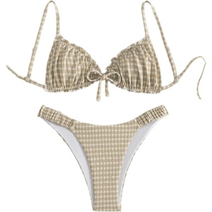 image:imageRoseSeek Womens 2 Piece Gingham Bikini Sets Tie Front Frill Bathing Suit Set Wireless Padded SwimsuitKhaki