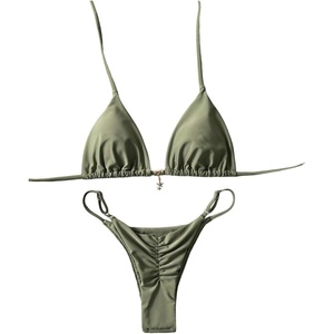 image:imageRoseSeek Womens 2 Piece High Cut Swimsuit Halter Triangle Ruched Bikini Sets Vacation Bathing SuitArmy Green