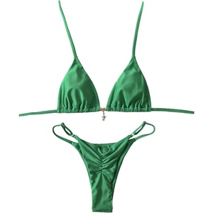 image:imageRoseSeek Womens 2 Piece High Cut Swimsuit Halter Triangle Ruched Bikini Sets Vacation Bathing SuitBright Green