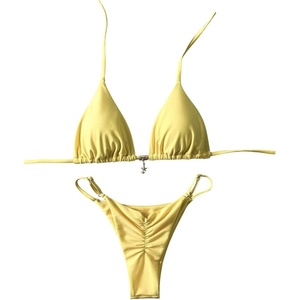image:imageRoseSeek Womens 2 Piece High Cut Swimsuit Halter Triangle Ruched Bikini Sets Vacation Bathing SuitMedium Yellow