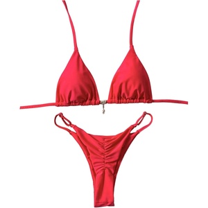 image:imageRoseSeek Womens 2 Piece High Cut Swimsuit Halter Triangle Ruched Bikini Sets Vacation Bathing SuitPure Red