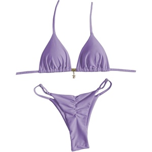 image:imageRoseSeek Womens 2 Piece High Cut Swimsuit Halter Triangle Ruched Bikini Sets Vacation Bathing SuitPurple