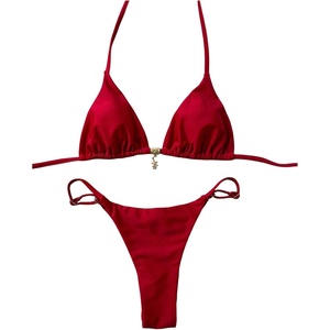 image:imageRoseSeek Womens 2 Piece High Cut Swimsuit Halter Triangle Ruched Bikini Sets Vacation Bathing SuitRed Violet