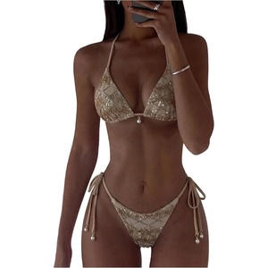 image:imageRoseSeek Womens 2 Piece Leopard Floral Bikini Sets Halter Triangle String Bathing Suit Starfish Metal SwimsuitsApricot