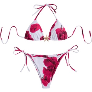 image:imageRoseSeek Womens 2 Piece Leopard Floral Bikini Sets Halter Triangle String Bathing Suit Starfish Metal SwimsuitsWhite and Red